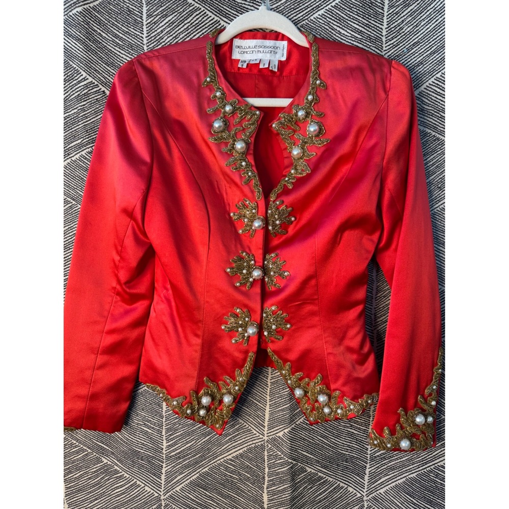 Vintage Bellville Sassoon Lorcan Mullany Red Satin Beaded‎ Pearl Jacket UK 10